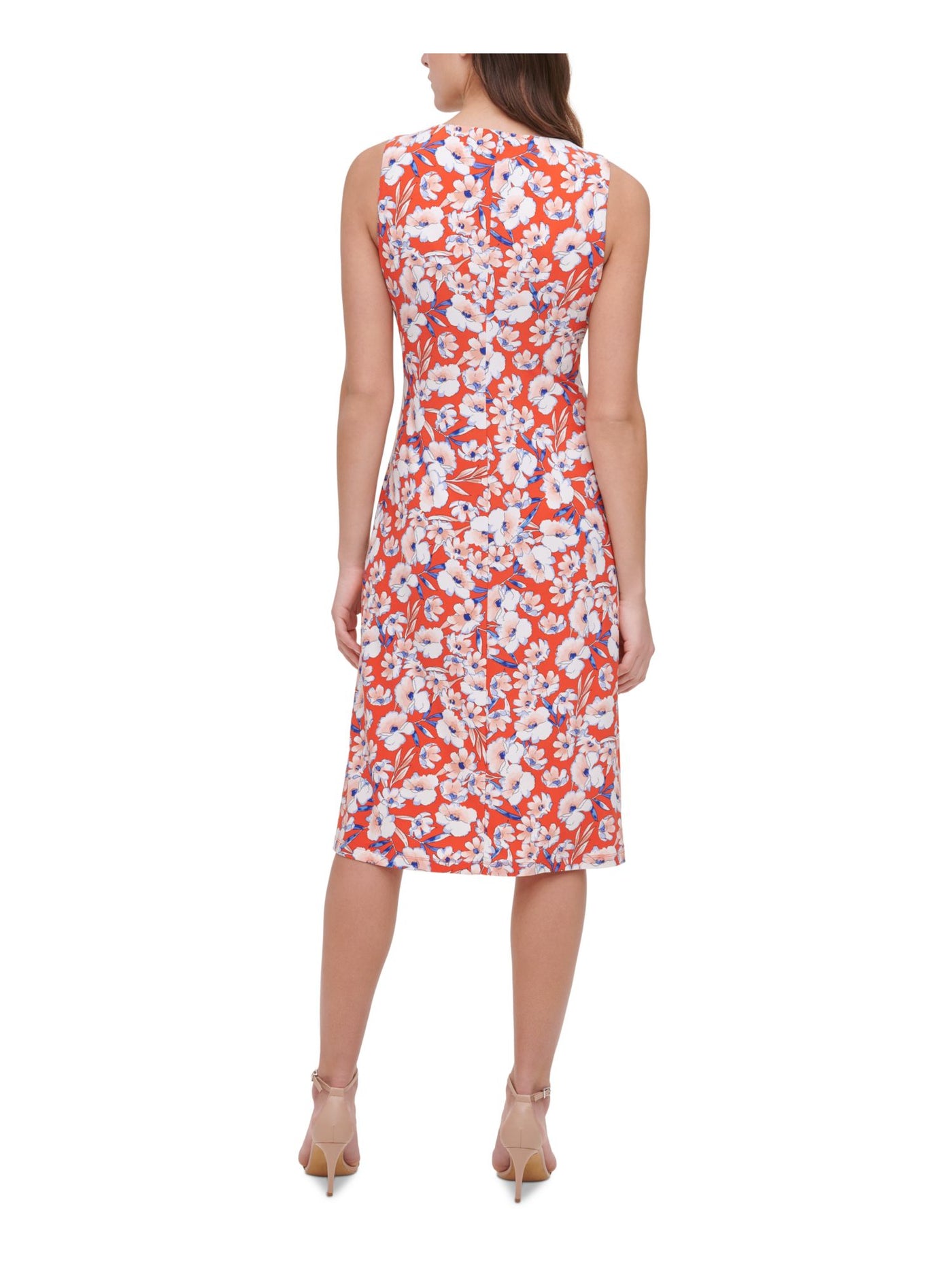 TOMMY HILFIGER Womens Orange Stretch Floral Sleeveless Crew Neck Knee Length Party Shift Dress 16