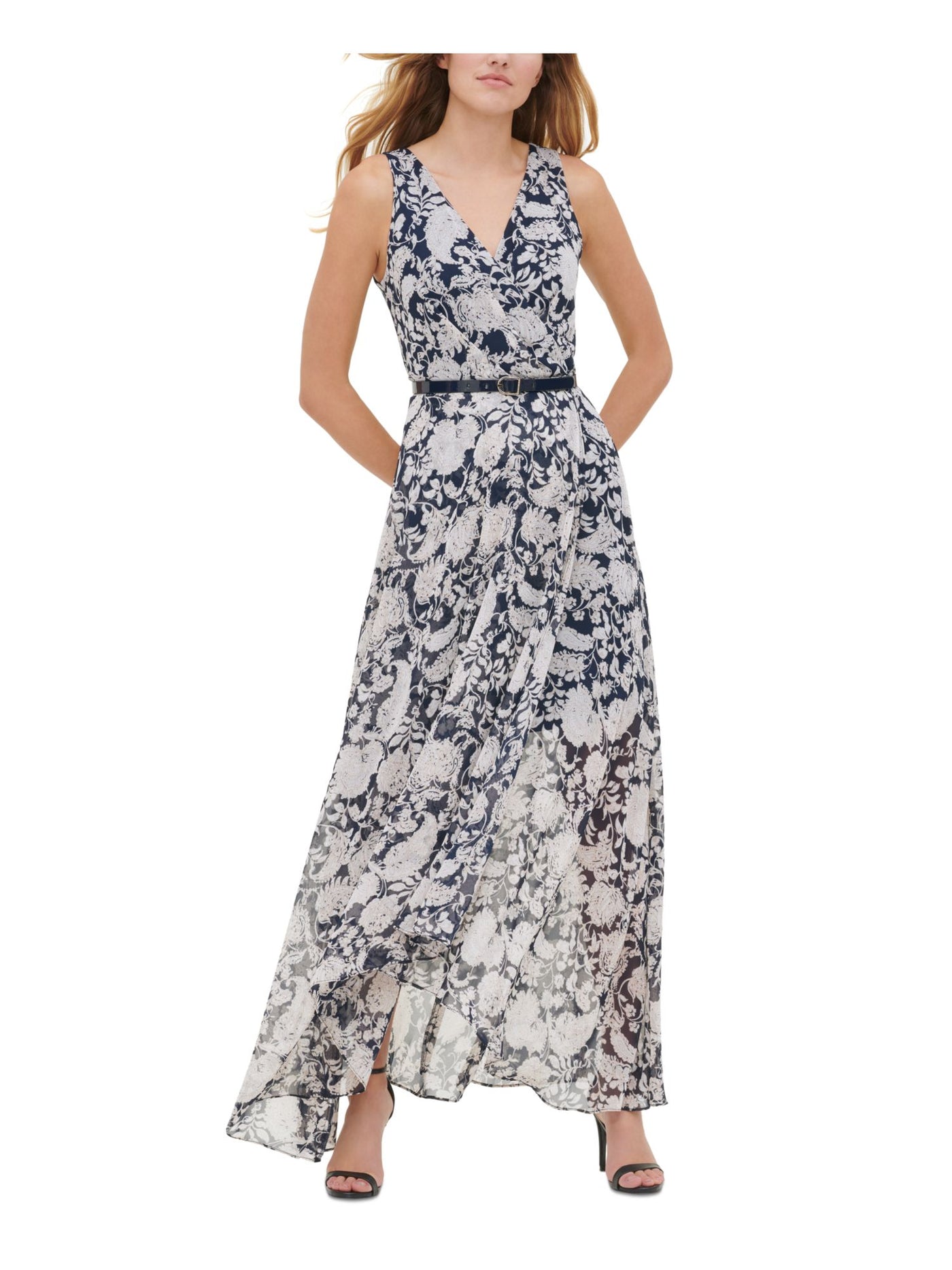 TOMMY HILFIGER Womens Navy Belted Zippered Lined Floral Sleeveless Surplice Neckline Maxi Evening Dress 8