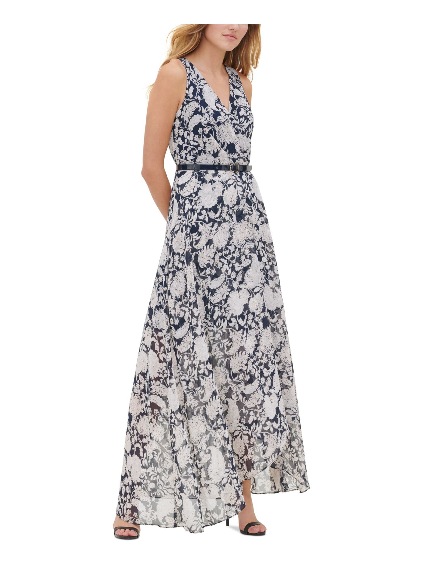TOMMY HILFIGER Womens Navy Belted Zippered Lined Floral Sleeveless Surplice Neckline Maxi Evening Dress 8