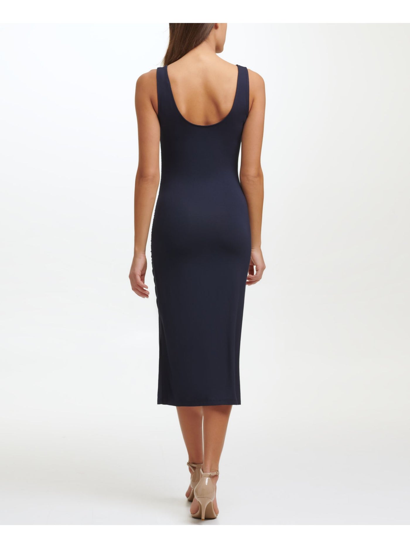 TOMMY HILFIGER Womens Navy Slitted Ruched Sleeveless Scoop Neck Midi Body Con Dress M
