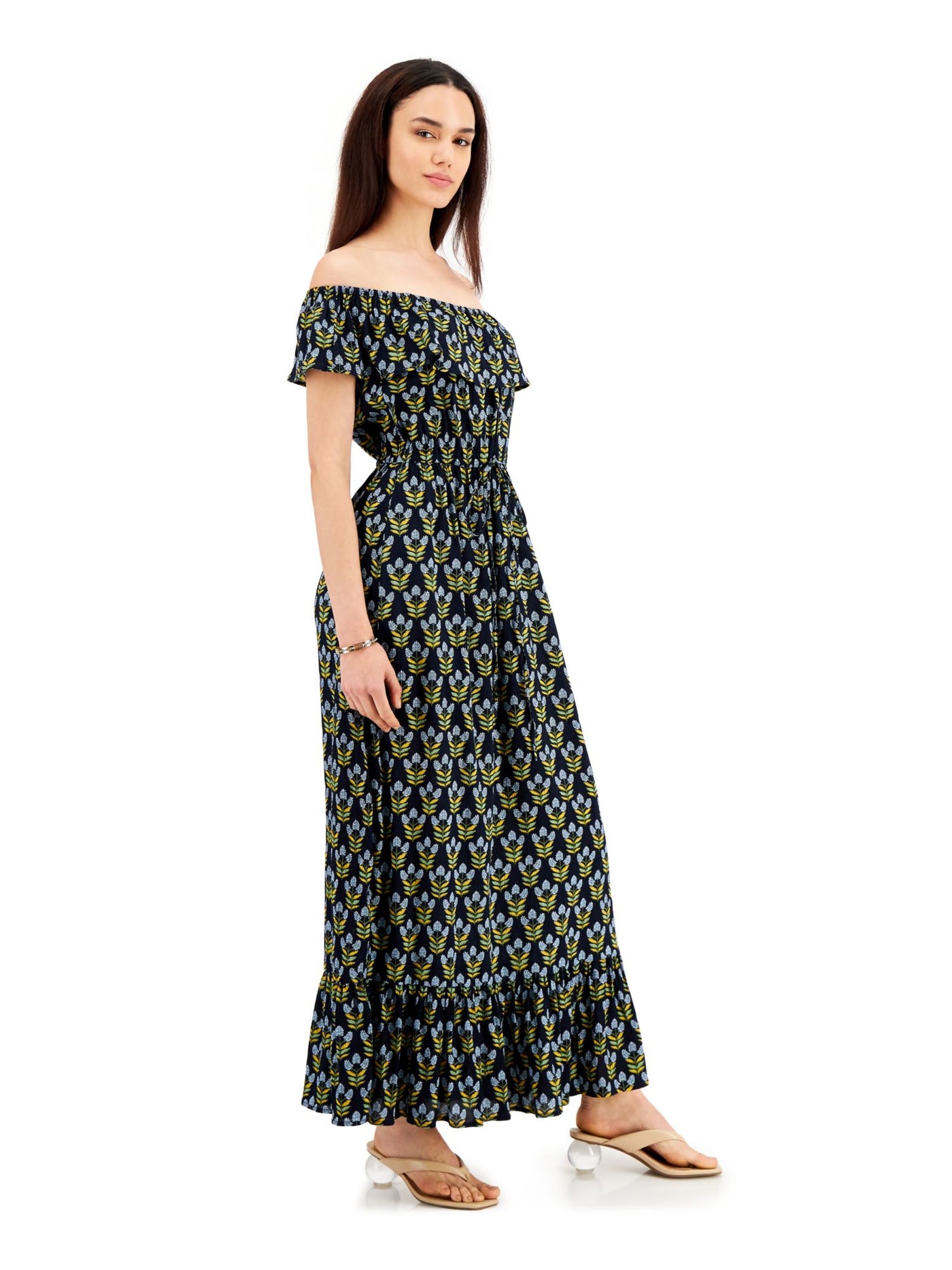 STYLE & COMPANY Womens Navy Ruffled Tie On And Off The Shoulder Neckline Printed Short Sleeve Maxi Fit + Flare Dress 3X