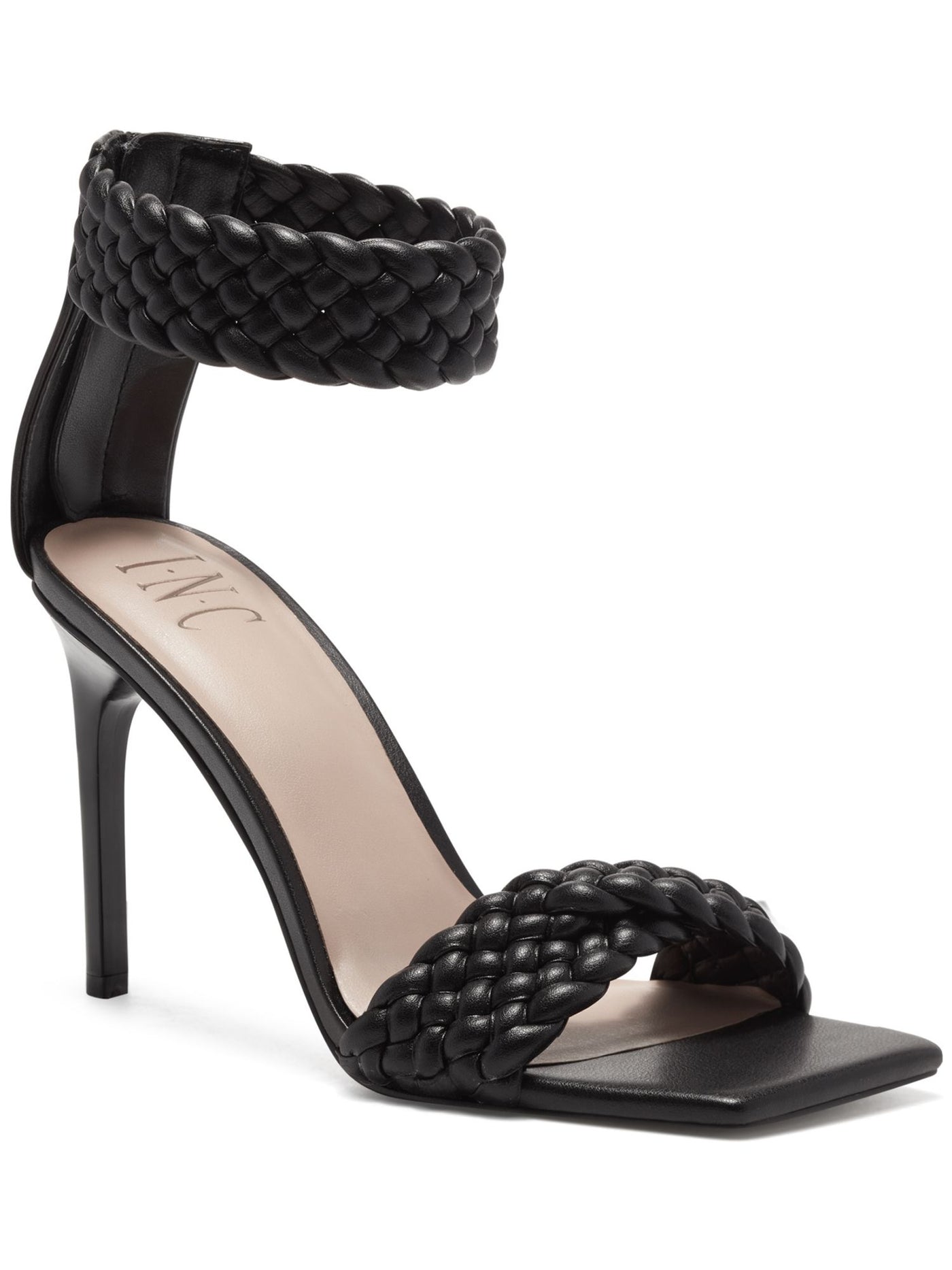 INC Womens Black Ankle Strap Woven Adalie Square Toe Stiletto Zip-Up Dress Heeled Sandal 6.5 M