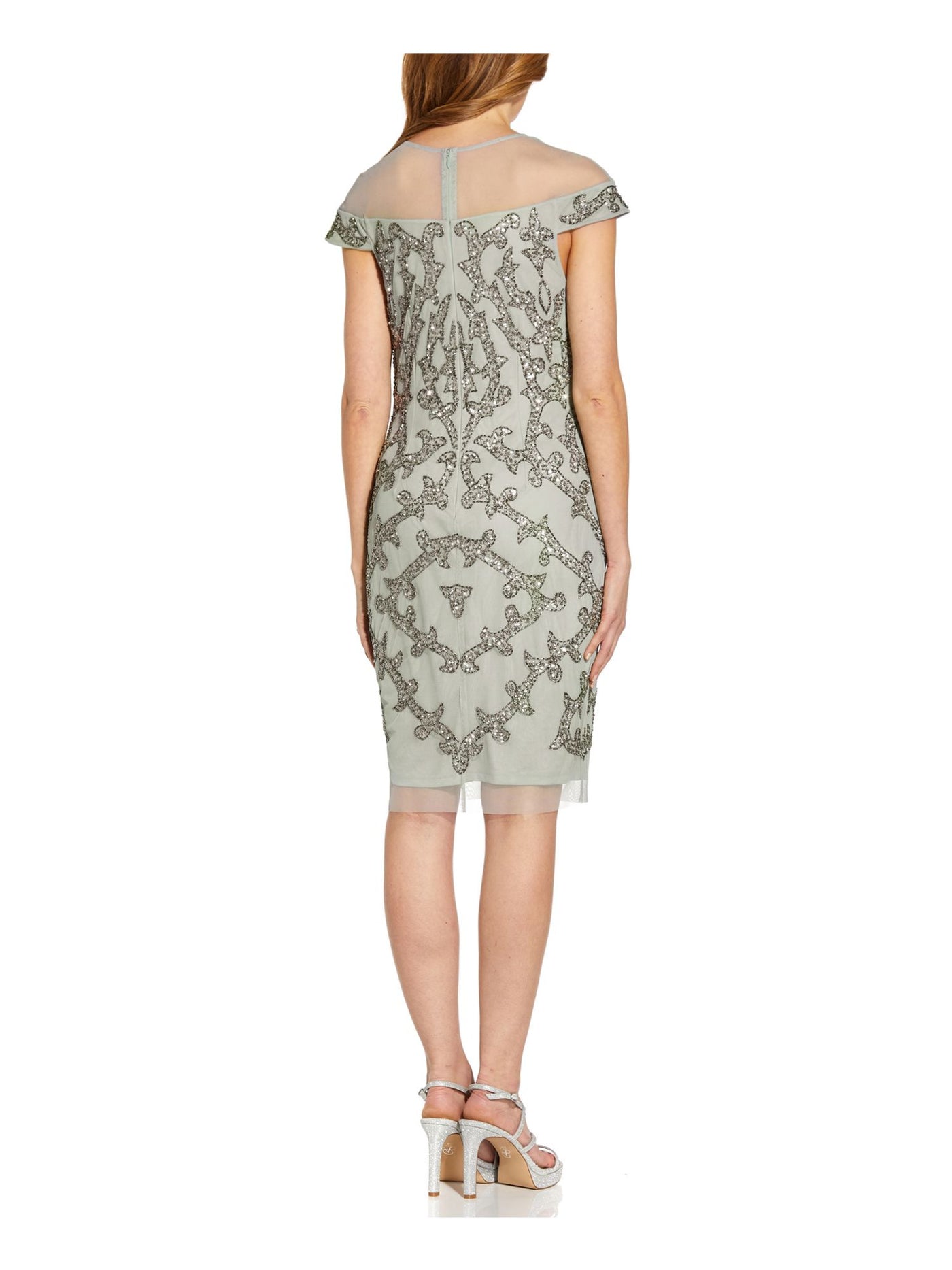 ADRIANNA PAPELL Womens Sequined Zippered Cap Sleeve Illusion Neckline Above The Knee Party Sheath Dress