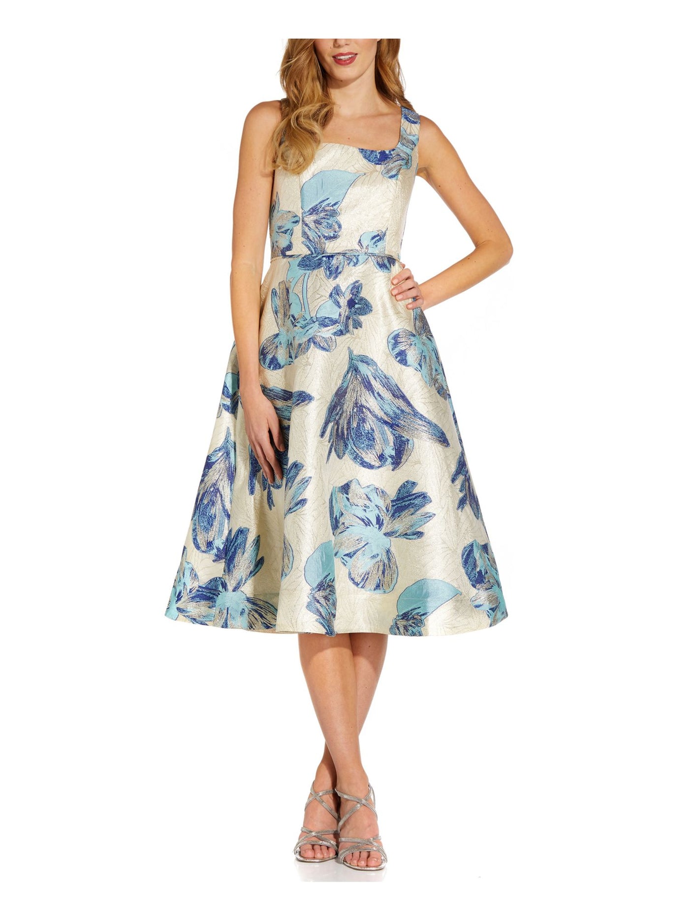 ADRIANNA PAPELL Womens Blue Metallic Zippered Lined Floral Sleeveless Square Neck Below The Knee Cocktail Fit + Flare Dress 4
