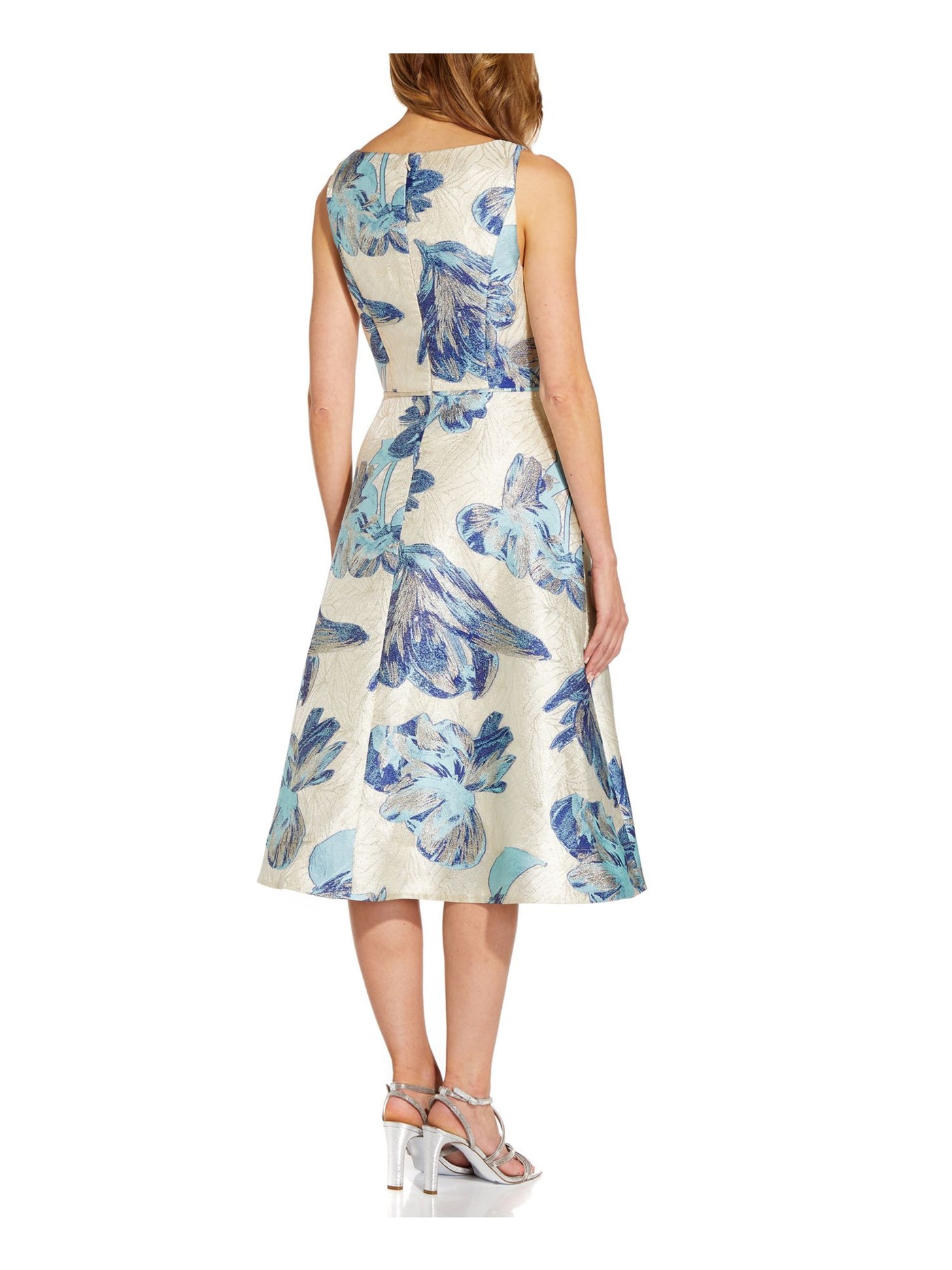 ADRIANNA PAPELL Womens Blue Metallic Zippered Lined Floral Sleeveless Square Neck Below The Knee Cocktail Fit + Flare Dress 4