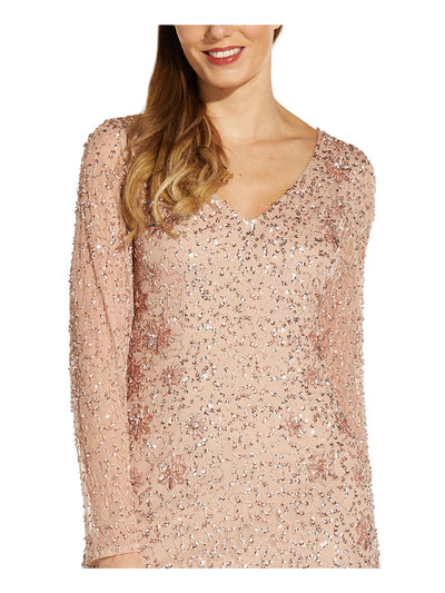 ADRIANNA PAPELL Womens Beige Stretch Beaded Sequined Long Sleeve V Neck Short Cocktail Fit + Flare Dress 0