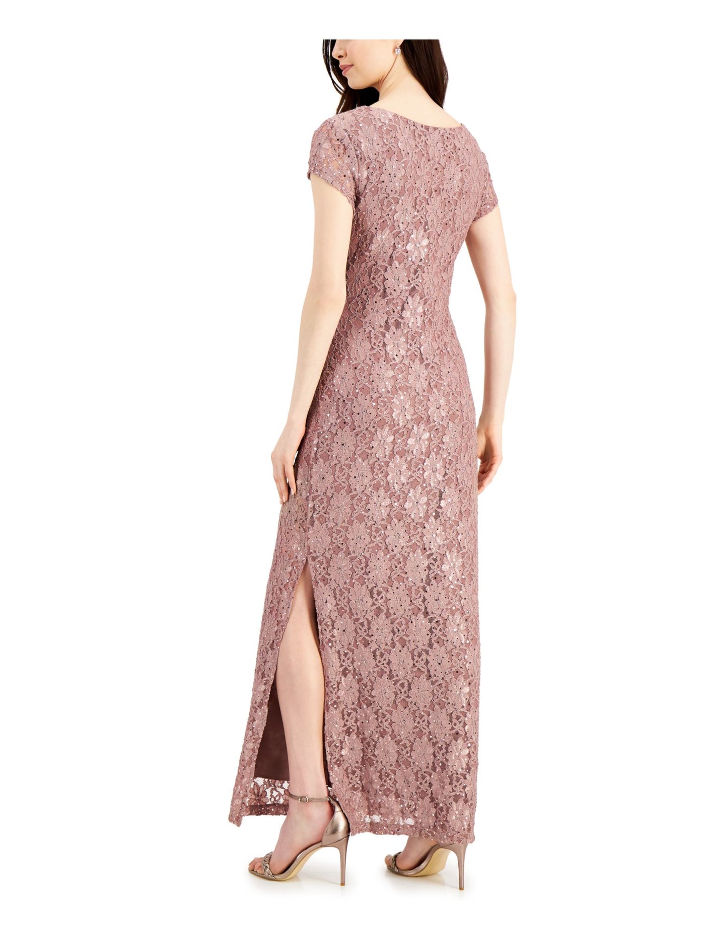 CONNECTED APPAREL Womens Pink Sequined Short Sleeve V Neck Full-Length Formal Dress 4