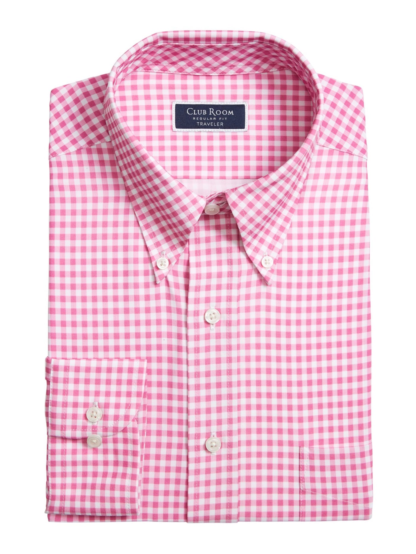 CLUBROOM Mens Traveler Pink Gingham Collared Classic Fit Button Down Shirt 14.5- 32/33
