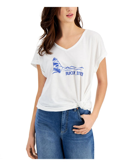 STYLE & COMPANY Womens White Graphic Short Sleeve V Neck T-Shirt Plus 2X