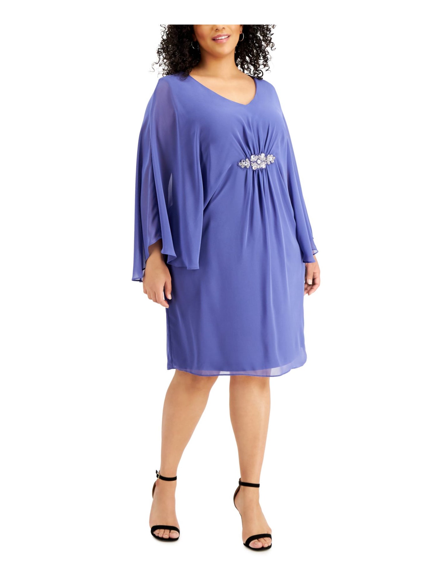 CONNECTED APPAREL Womens Purple Embellished Shirred Cape-sleeve V Neck Knee Length Evening Sheath Dress Plus 18W