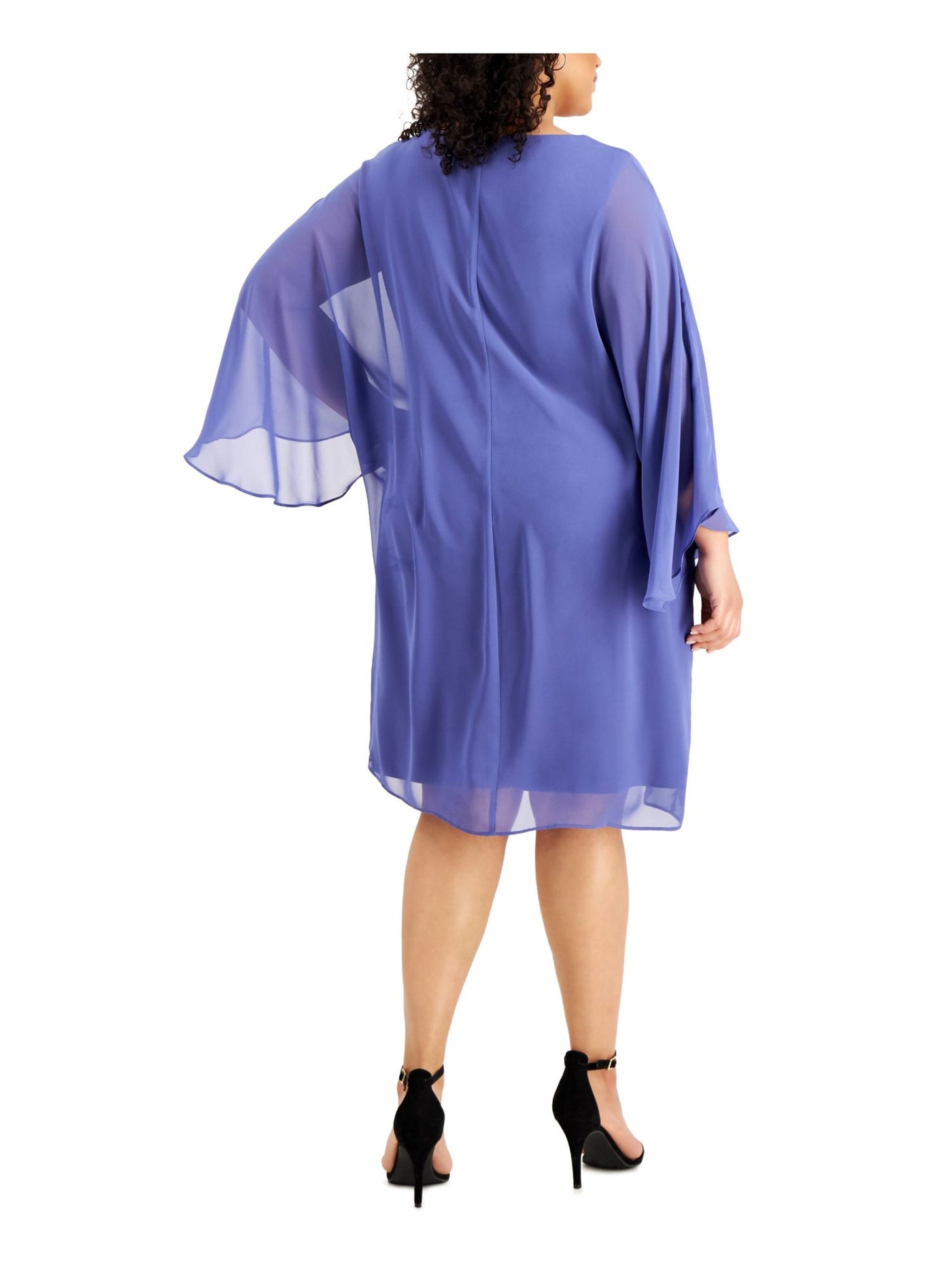 CONNECTED APPAREL Womens Purple Embellished Shirred Cape-sleeve V Neck Knee Length Evening Sheath Dress Plus 20W