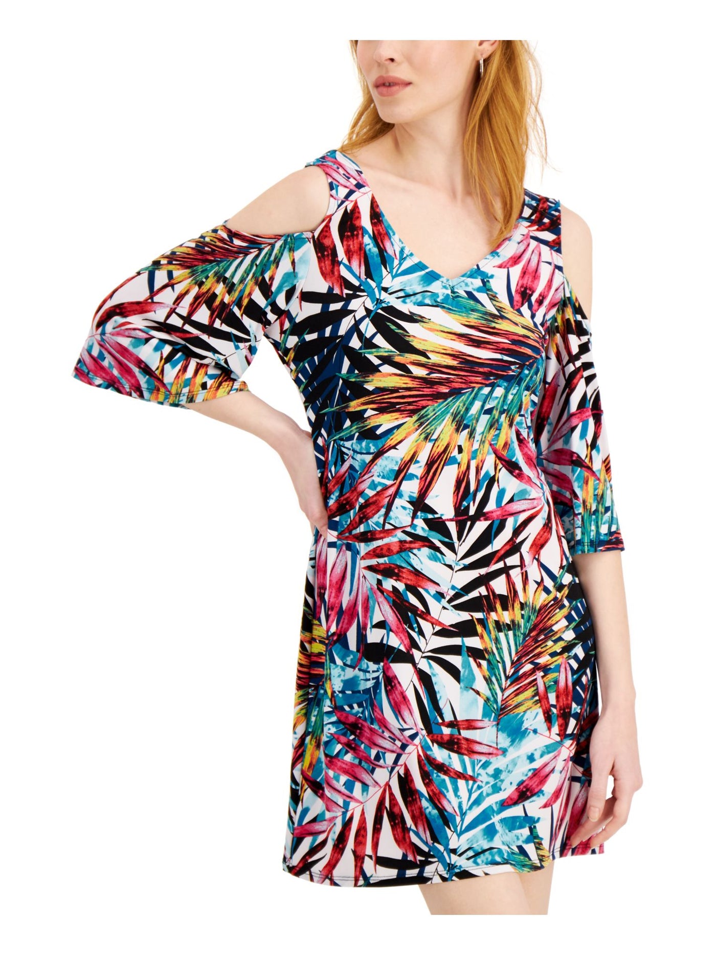 CONNECTED APPAREL Womens White Stretch Cold Shoulder Elbow Sleeve V Neck Above The Knee Party A-Line Dress Petites 4P