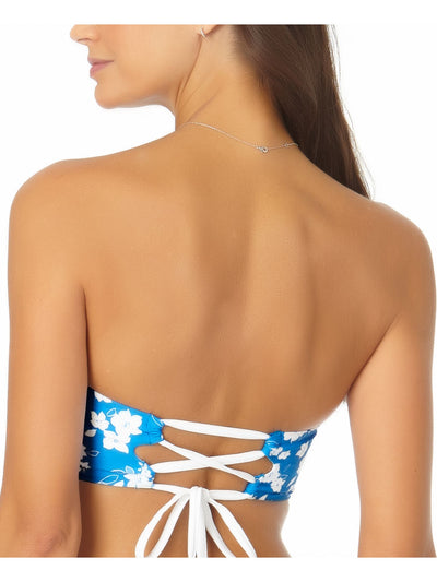 ANNE COLE Women's Blue Floral Stretch Lace-Up Tie Twist Bandeau Neck Molded Cup Convertible Swimsuit Top XS