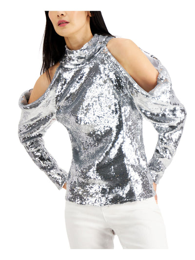 INC Womens Silver Cold Shoulder Sequined Long Sleeve Tie Neck Party Top XS