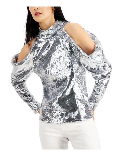 INC Womens Silver Cold Shoulder Sequined Long Sleeve Tie Neck Party Top S