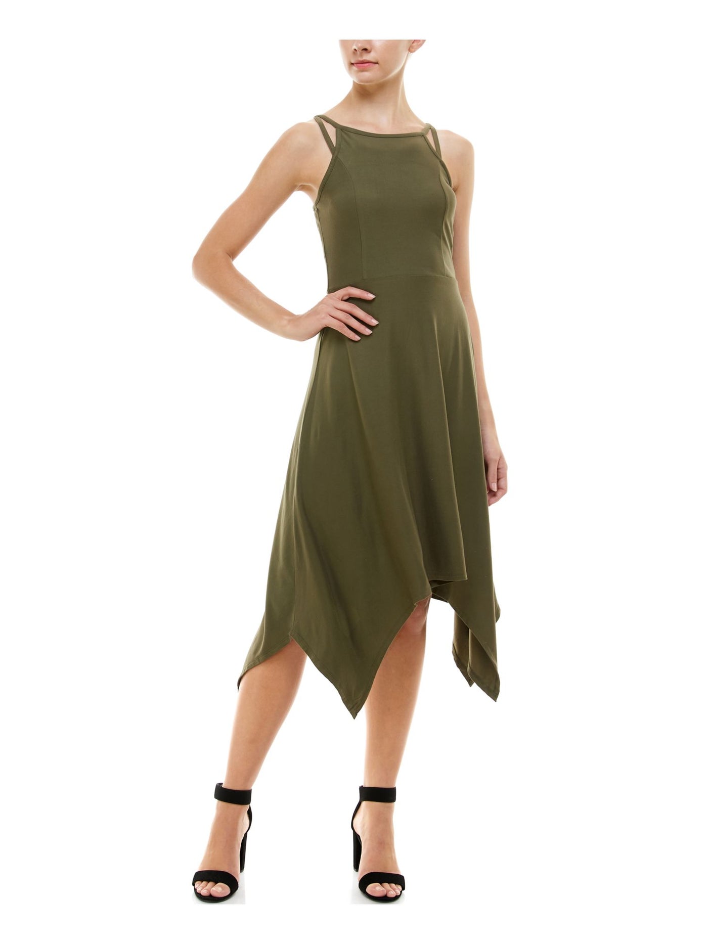 PLANET GOLD Womens Sleeveless Scoop Neck Midi Fit + Flare Dress