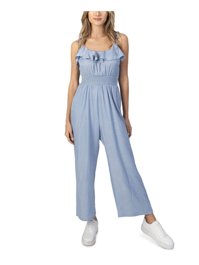 SPEECHLESS Womens Light Blue Stretch Ruffled Smocked Waist Spaghetti Strap Scoop Neck Wide Leg Jumpsuit XS