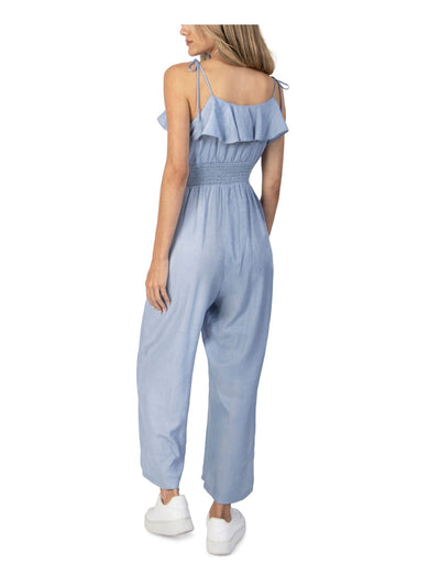 SPEECHLESS Womens Light Blue Stretch Ruffled Smocked Waist Spaghetti Strap Scoop Neck Wide Leg Jumpsuit XS