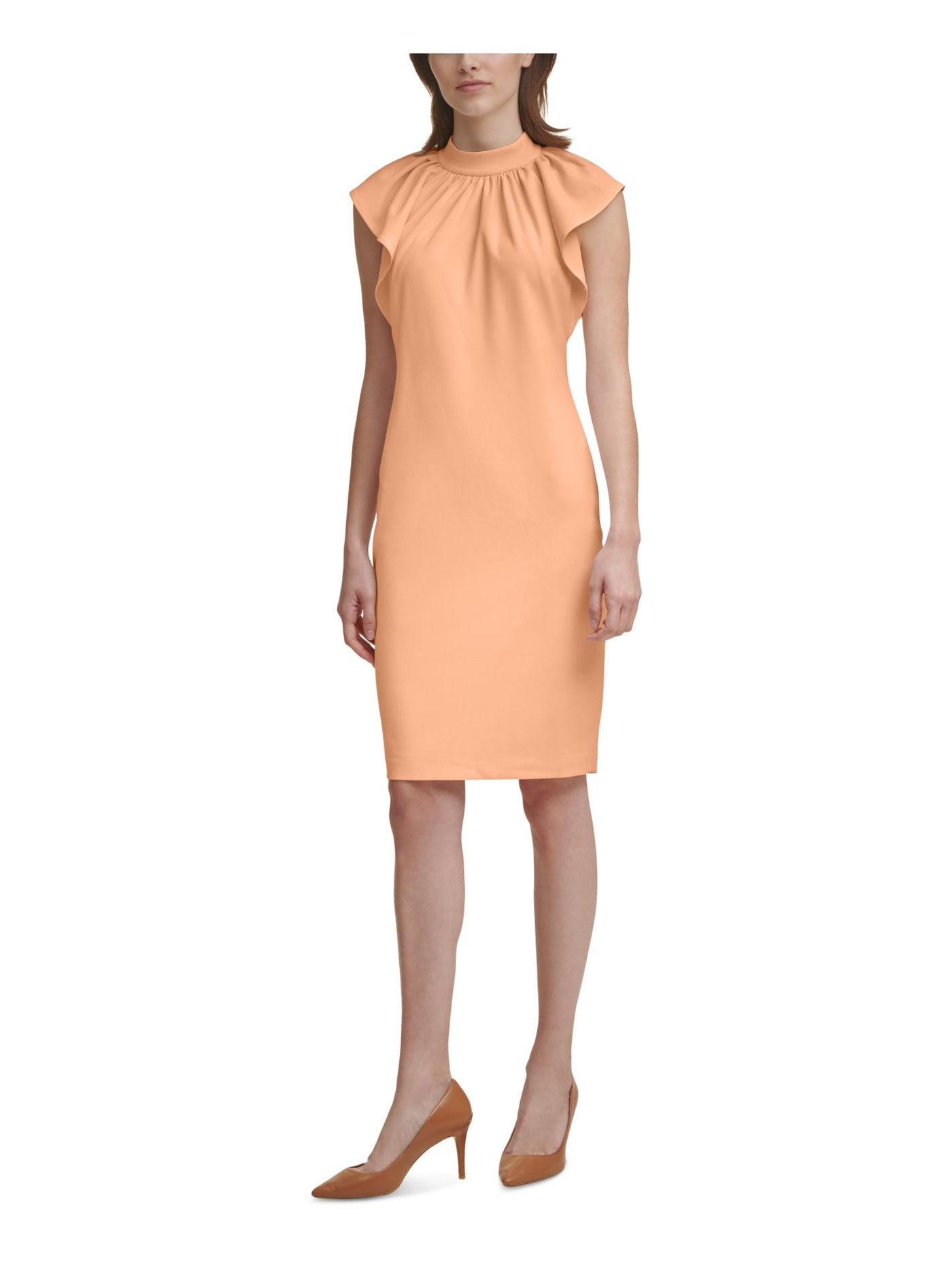 CALVIN KLEIN Womens Coral Stretch Zippered Ruffled Pleated Flutter Sleeve Mock Neck Above The Knee Party Sheath Dress Petites 4P