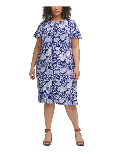 TOMMY HILFIGER Womens Blue Stretch Zippered Gathered Printed Flutter Sleeve Round Neck Knee Length Wear To Work Shift Dress Plus 14W