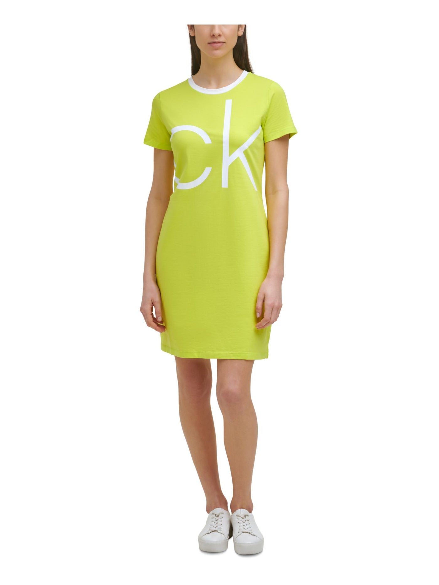 CALVIN KLEIN Womens Green Stretch Logo Graphic Short Sleeve Crew Neck Above The Knee T-Shirt Dress S