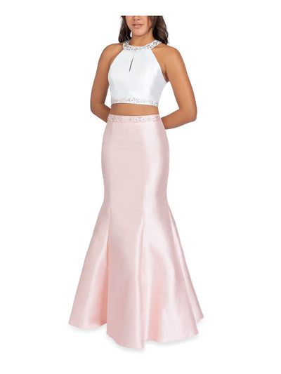 B DARLIN Womens Pink Embellished Zippered Lined Color Block Sleeveless Halter Full-Length Prom Mermaid Dress Juniors 1\2