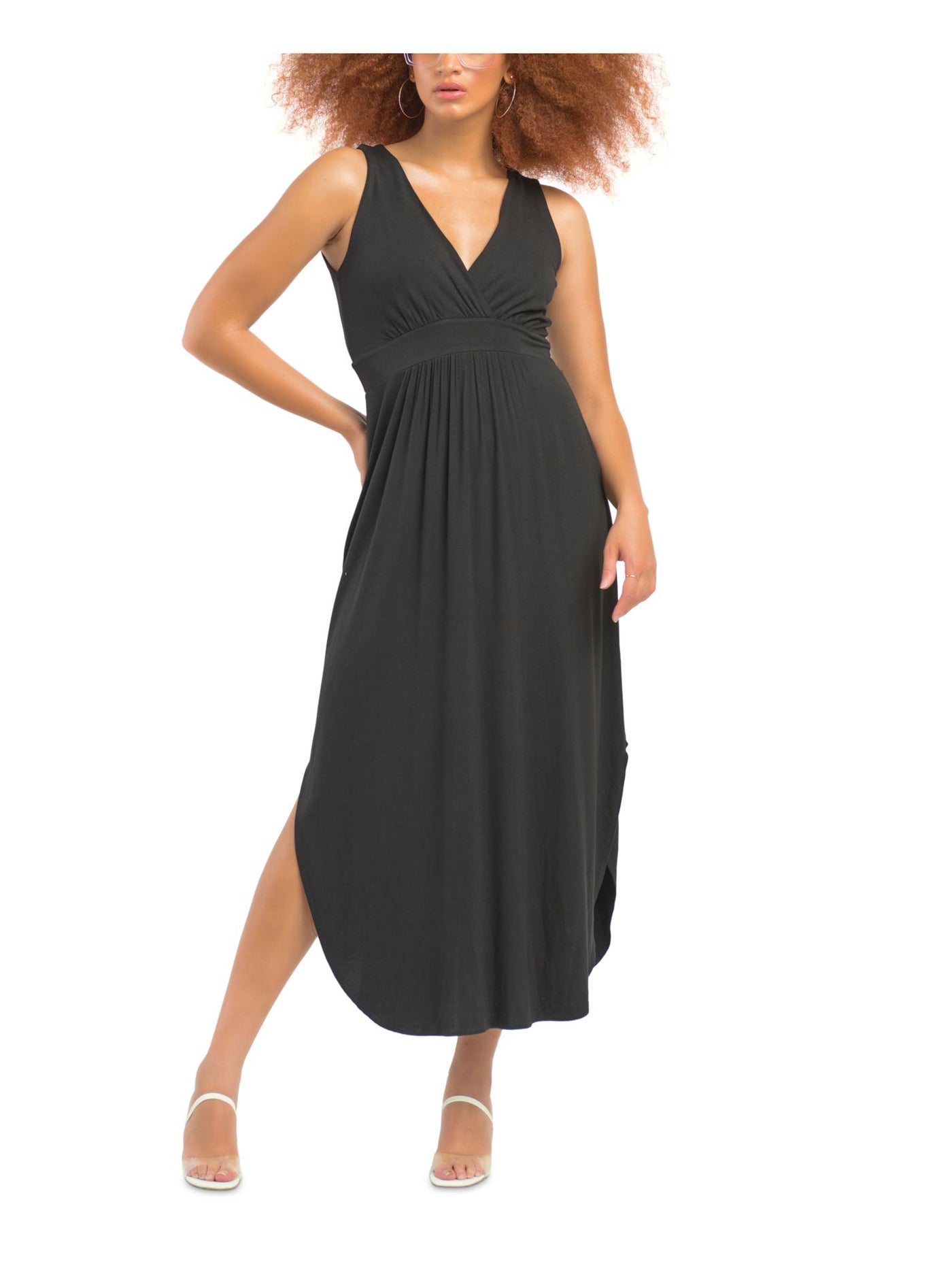 BLACK TAPE Womens Knit Pleated Slitted Drapey Banded-waist Sleeveless Surplice Neckline Maxi Empire Waist Dress