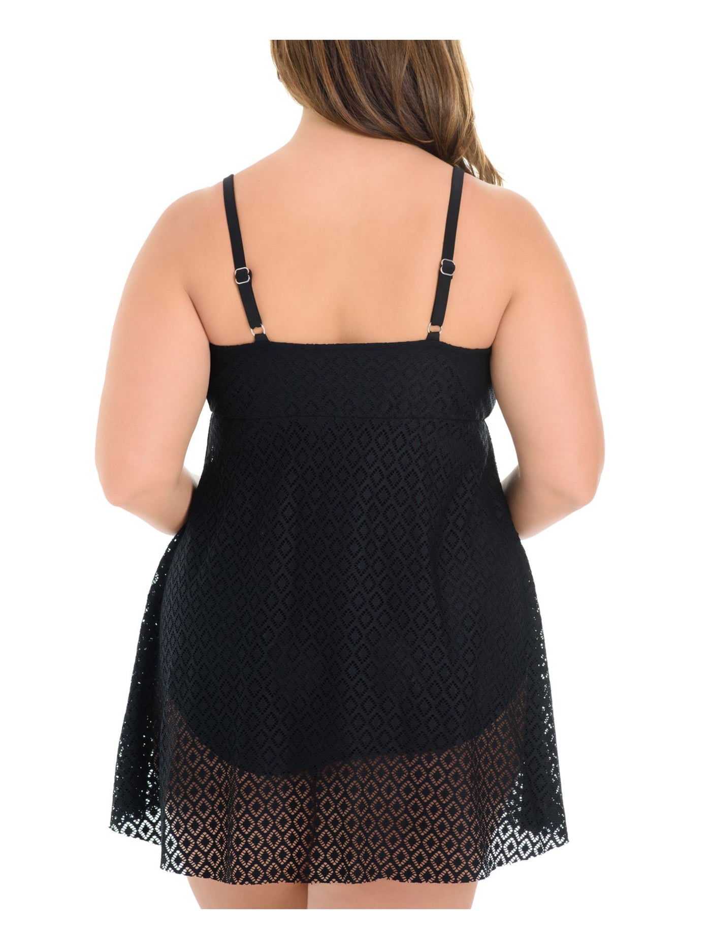 SWIM SOLUTIONS Women's Black Stretch Allover Slimming Crochet Flyaway Adjustable Deep V Neck Full Coverage Swimdress 24W