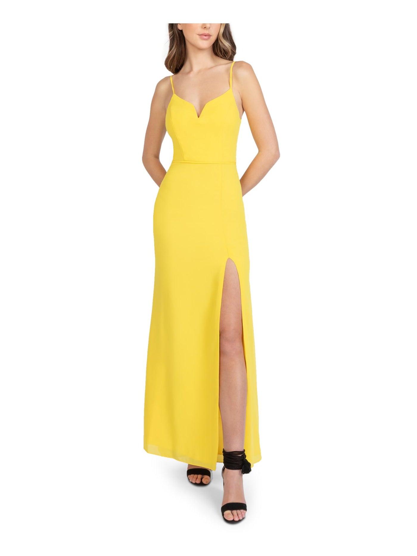 B DARLIN Womens Yellow Zippered Slitted Adjustable Straps Lined Sleeveless Sweetheart Neckline Full-Length  Gown Prom Dress Juniors 5\6