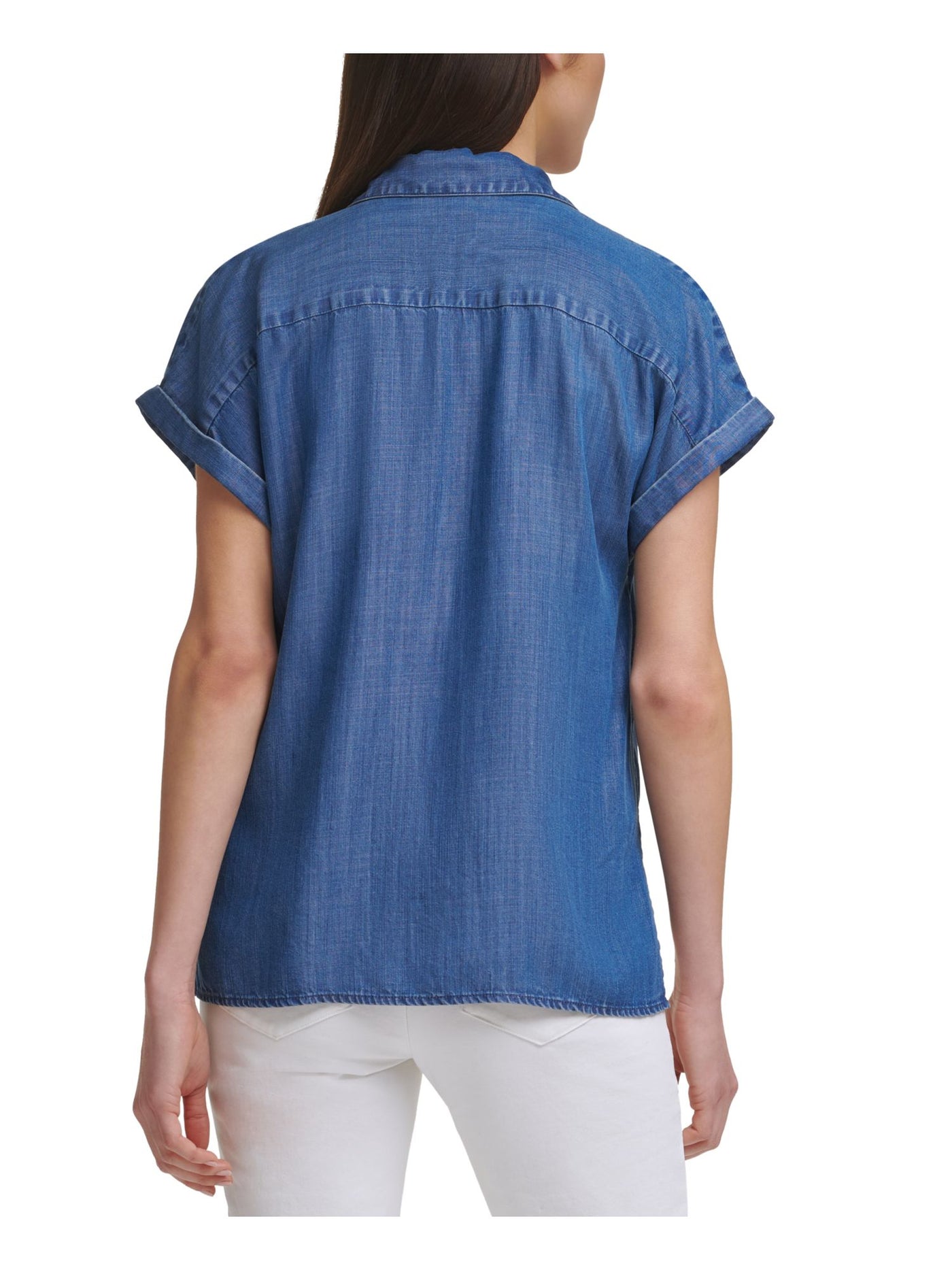 CALVIN KLEIN Womens Blue Pocketed Short Sleeve Collared Button Up Top XS