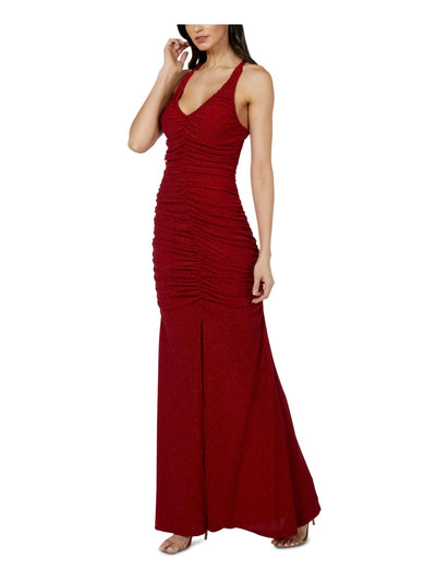 JUMP APPAREL Womens Red Glitter Tie Back Sleeveless V Neck Full-Length Evening Body Con Dress Juniors 15\16