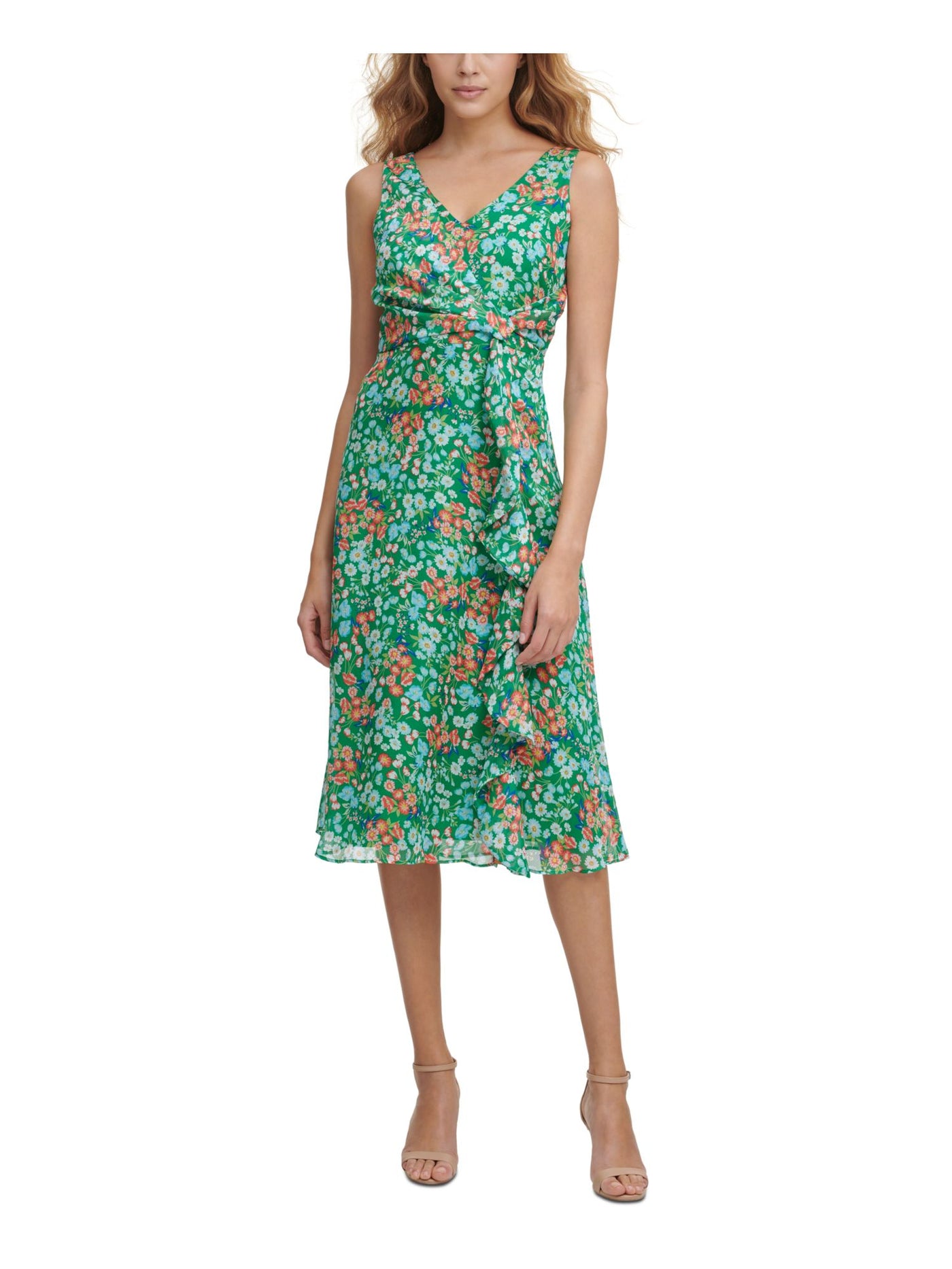 KENSIE Womens Green Zippered Ruffled Floral Sleeveless V Neck Midi Wear To Work Sheath Dress 2