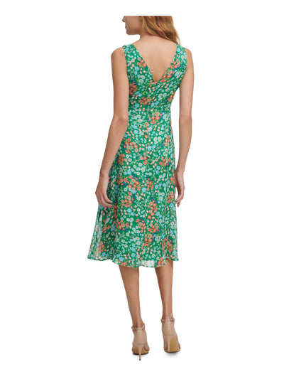 KENSIE Womens Green Zippered Ruffled Floral Sleeveless V Neck Midi Wear To Work Sheath Dress 2