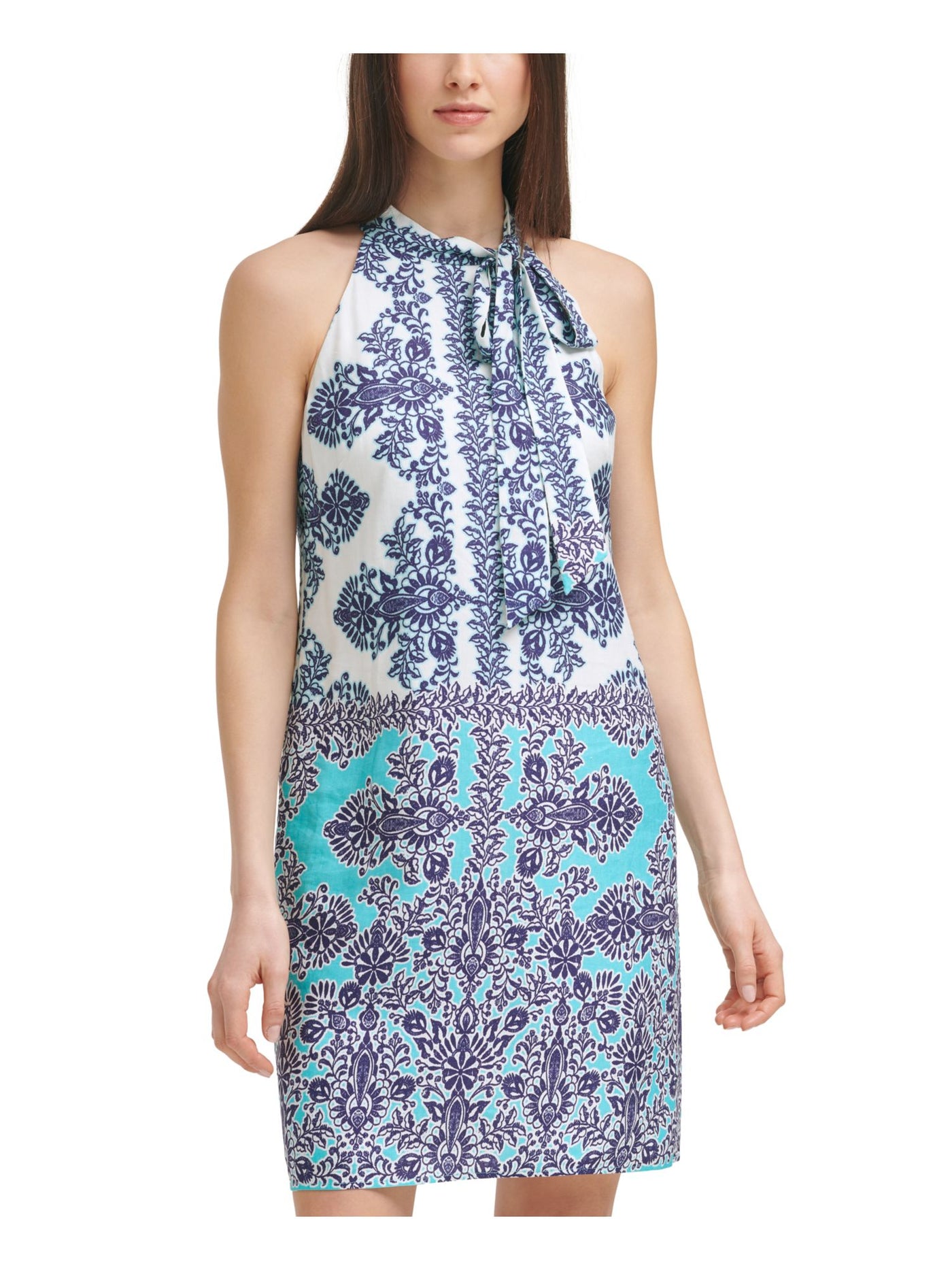 VINCE CAMUTO Womens Blue Zippered Tie Fitted Floral Sleeveless Halter Above The Knee Shift Dress 4