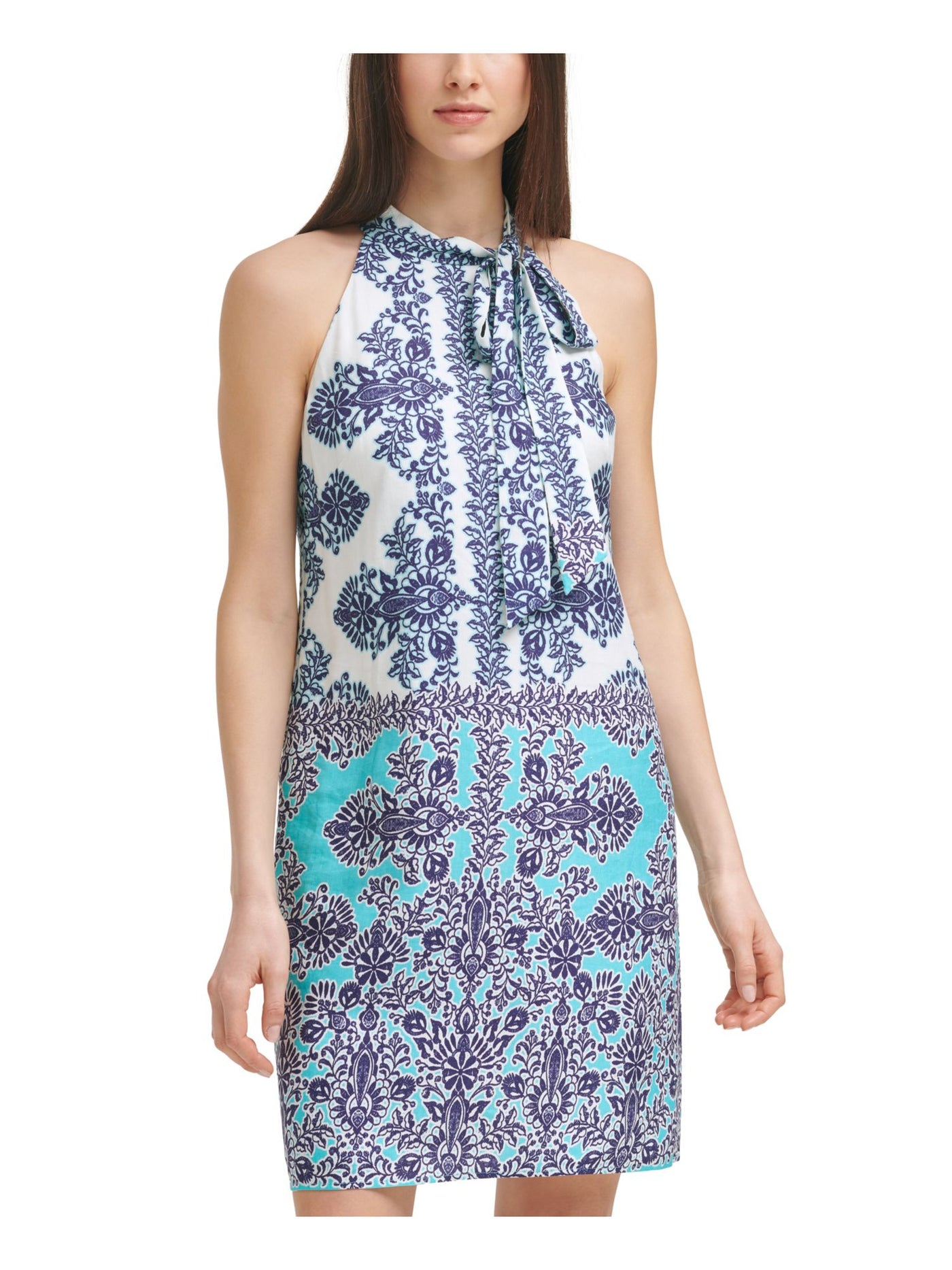 vince camuto halter shift dress VINCE CAMUTO Womens Turquoise Stretch Zippered Darted Bow Detail Lined Textured Sleeveless Halter Short Wear To Work Shift Dress 14