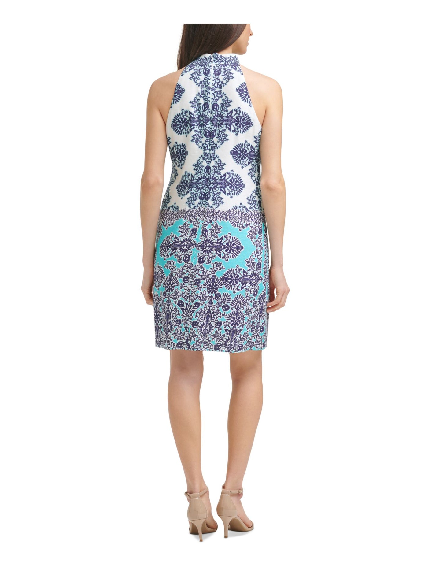 VINCE CAMUTO Womens Blue Zippered Tie Fitted Floral Sleeveless Halter Above The Knee Shift Dress 4