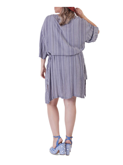 BLACK TAPE Womens Blue Slitted Self Tie Waist Striped Elbow Sleeve Open Front Kimono Top Plus 2X