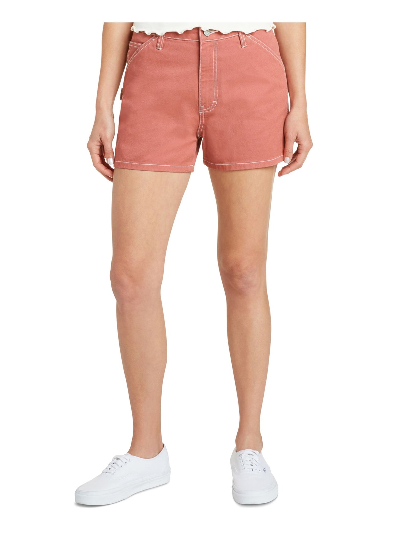 DICKIES Womens Coral Cotton Zippered Pocketed Bold Stitching Carpenter High Waist Shorts Juniors 7\28