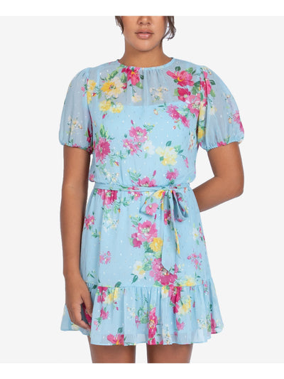 B DARLIN Womens Light Blue Belted Ruffled Floral Pouf Short Fit + Flare Dress 3\4