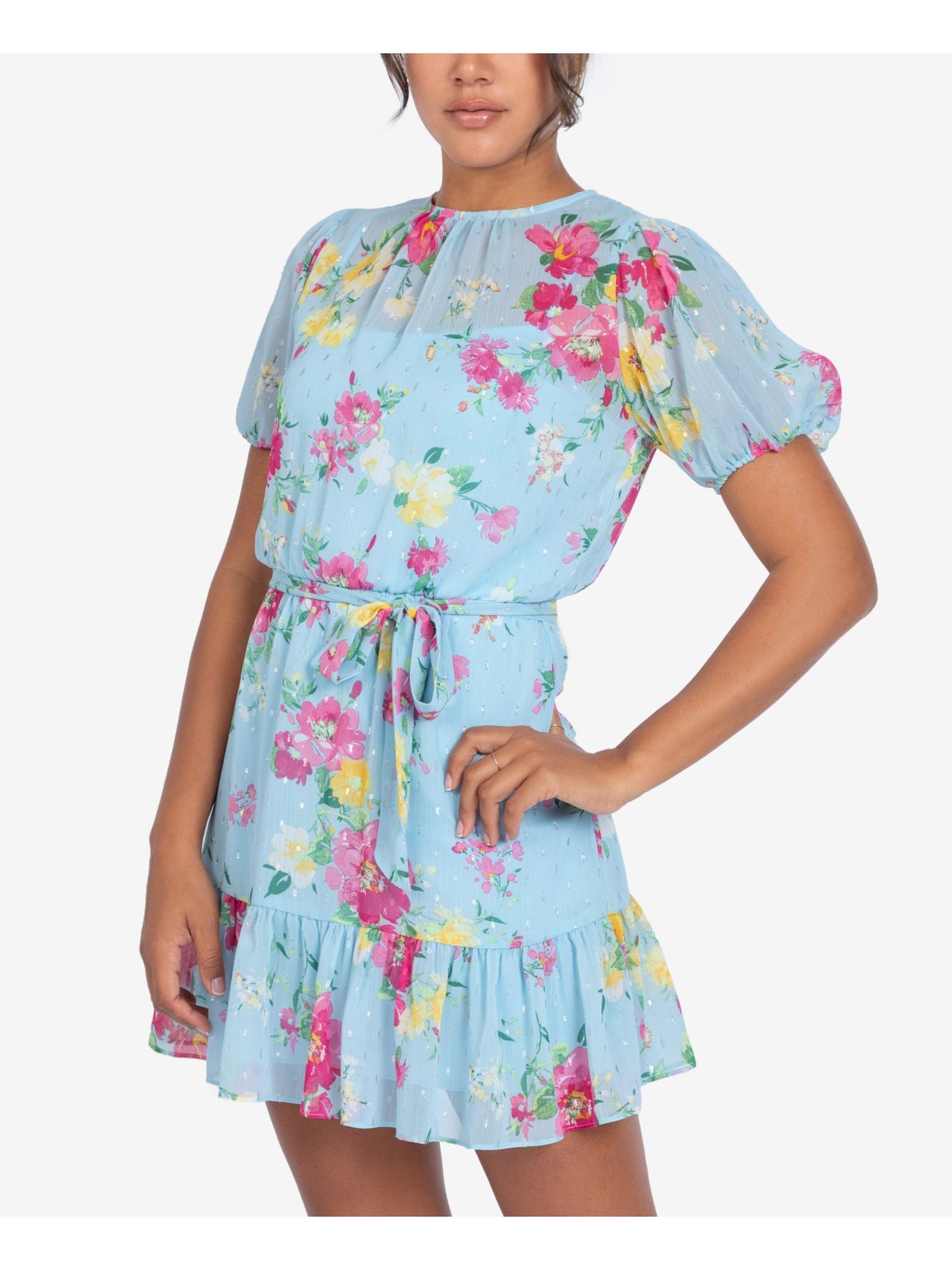 B DARLIN Womens Light Blue Belted Ruffled Floral Pouf Short Fit + Flare Dress 1\2