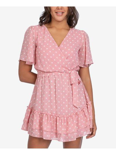 B DARLIN Womens Pink Ruffled Tie Polka Dot Flutter Sleeve Surplice Neckline Above The Knee Party Faux Wrap Dress 0