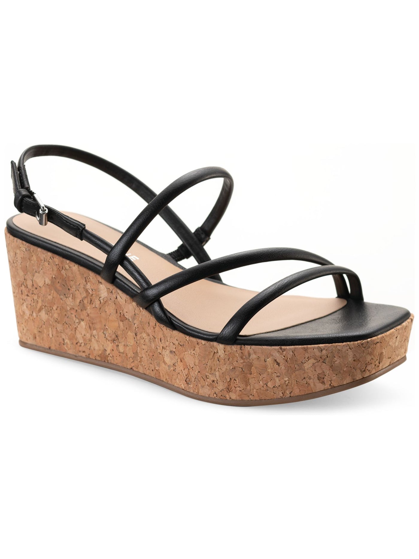 SUN STONE Womens Black 1" Platform Cork-Like Strappy Padded Bella Square Toe Wedge Buckle Slingback Sandal 7 M