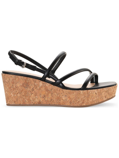 SUN STONE Womens Black 1" Platform Cork-Like Strappy Padded Bella Square Toe Wedge Buckle Slingback Sandal 9.5 M