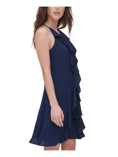 KENSIE DRESSES Womens Navy Ruffled Zippered Cut Out Lined Gold-tone Hardwar Sleeveless Halter Short Evening Fit + Flare Dress 0