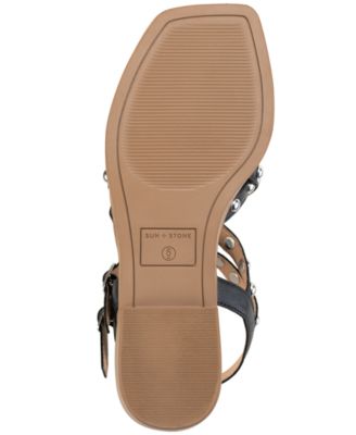 SUN STONE Womens Black Adjustable Studded Strappy Angela Square Toe Buckle Slingback Sandal M