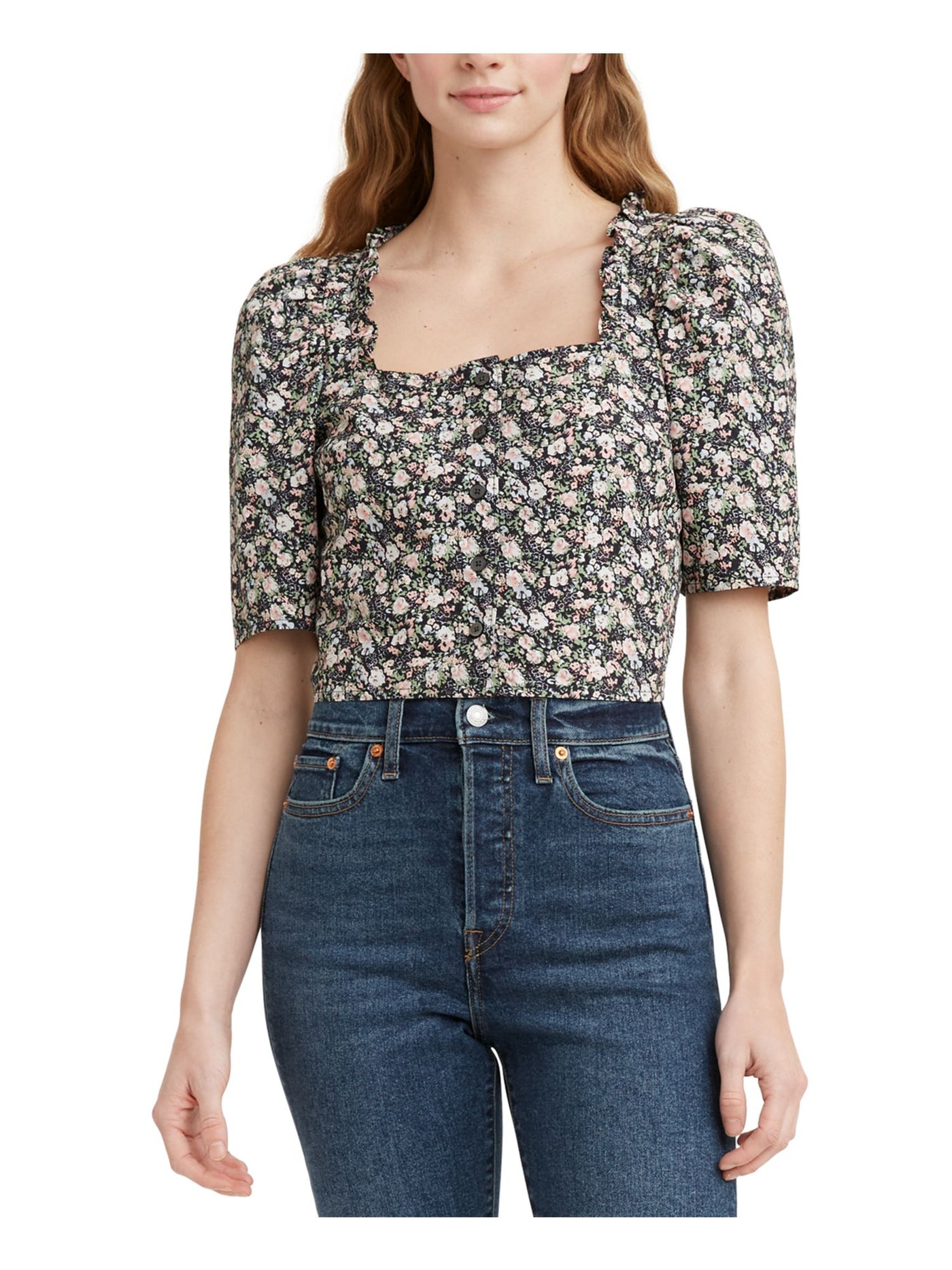 LEVI'S Womens Green Ruffled Buttoned Elbow-puff-sleeves Floral Square Neck Blouse S