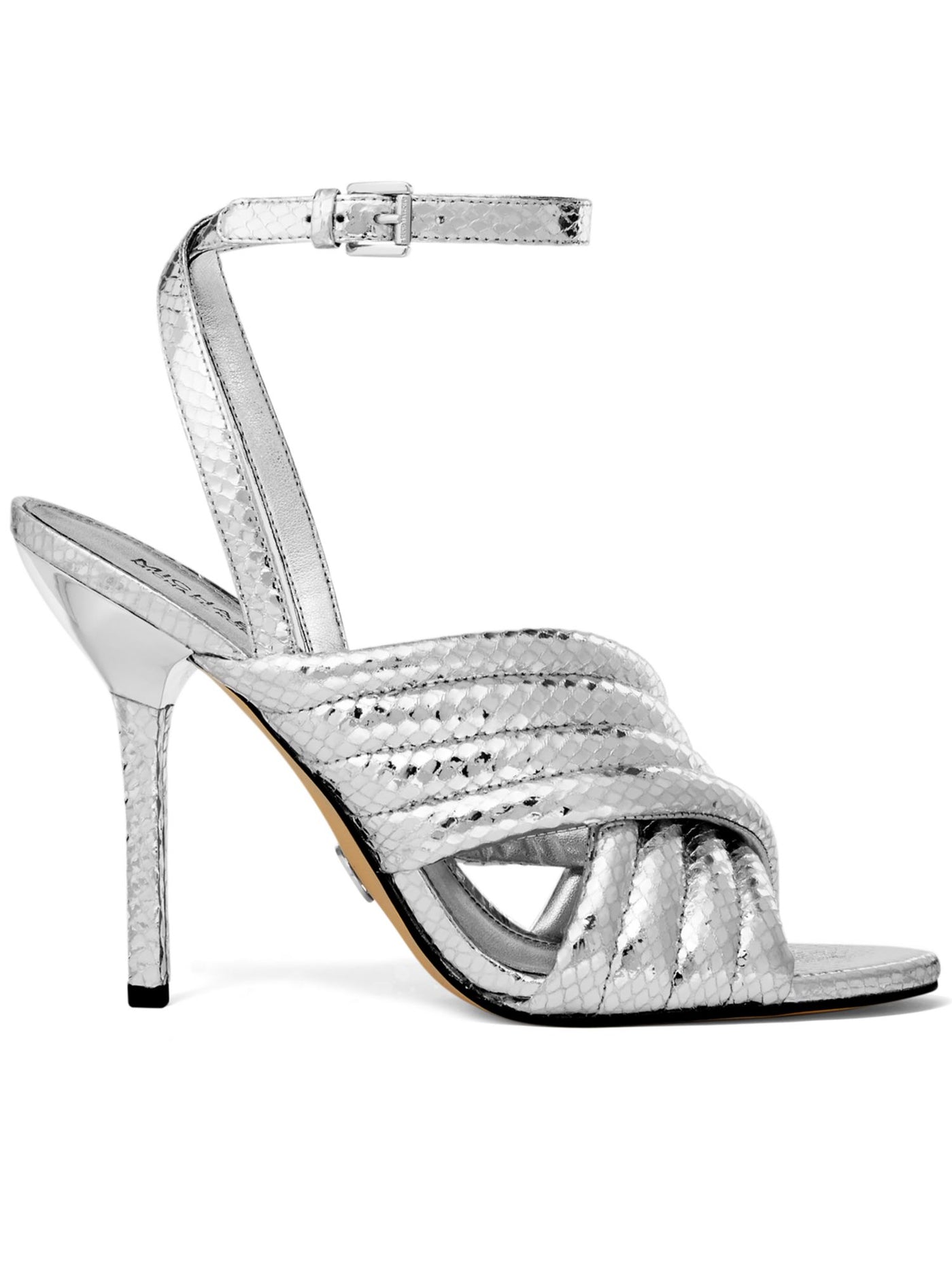 MICHAEL KORS Womens Silver Scale Embossed Metallic Ankle Strap Padded Royce Round Toe Stiletto Buckle Leather Dress Sandals Shoes 7 M