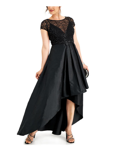 JKARA Womens Black Pleated Embellished Mesh Short Sleeve Crew Neck Full-Length Formal Hi-Lo Dress 4