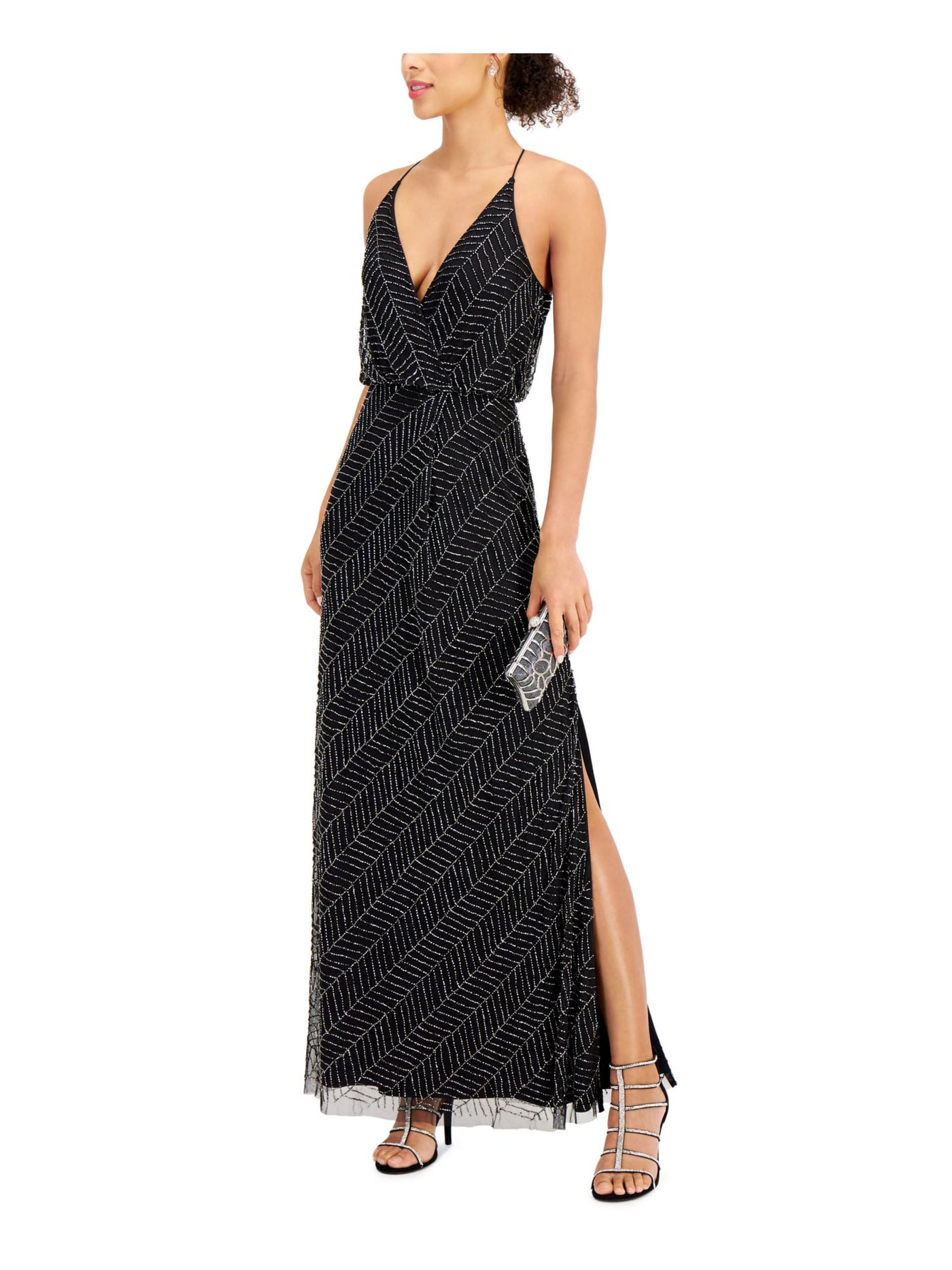 JKARA Womens Black Beaded Slitted Halter Maxi Evening Sheath Dress 8