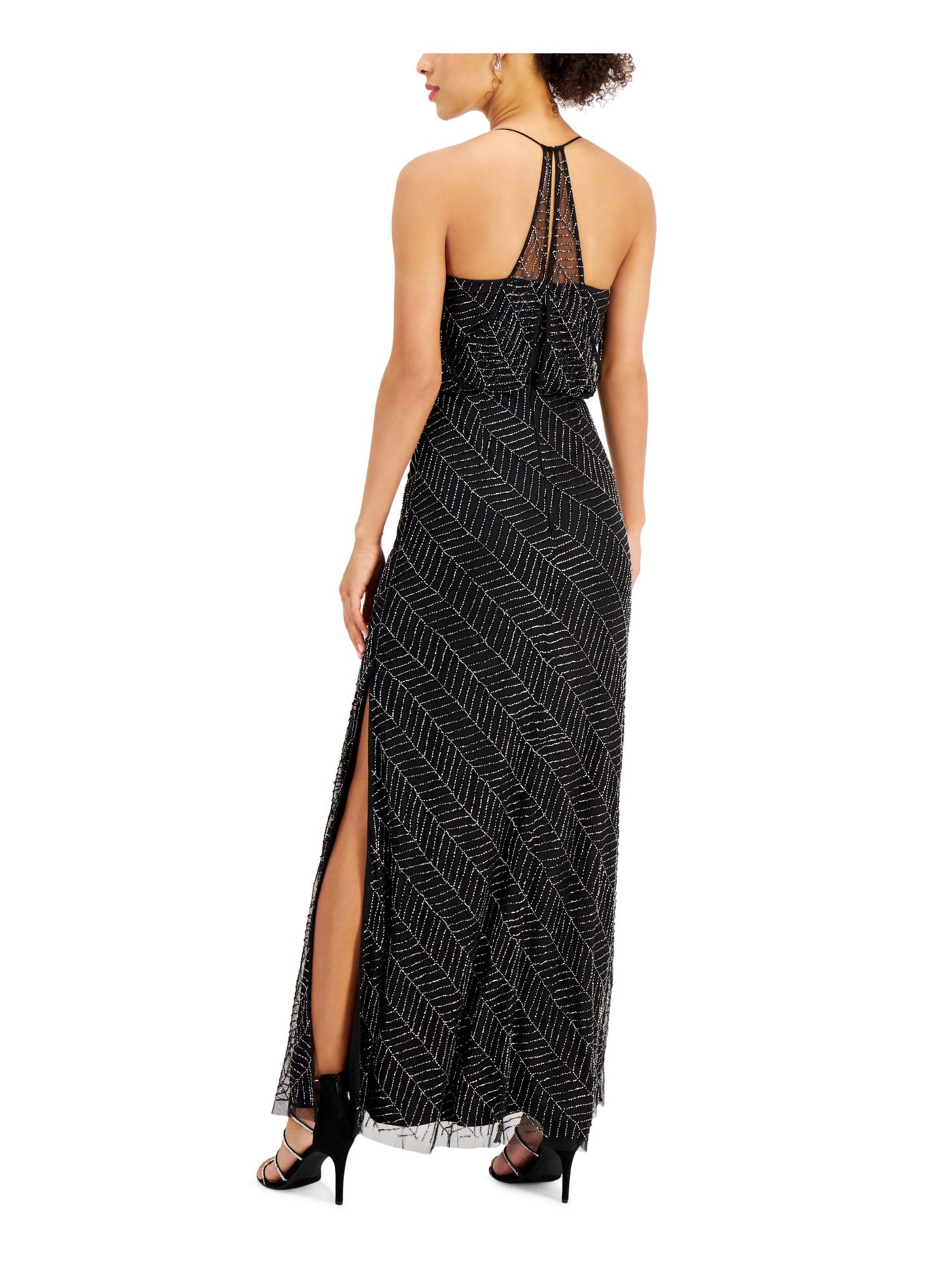 JKARA Womens Black Beaded Slitted Halter Maxi Evening Sheath Dress 10